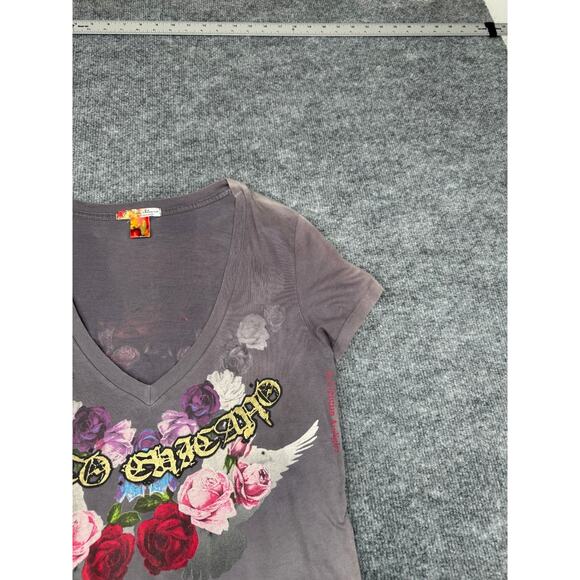 Christian Audigier Paco Chicano Women’s T-Shirt Sz L V-Neck Crown Roses Dove - Picture 11 of 16